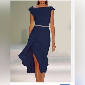 Blue One Shoulder Sheath Cocktail Dress with Cap Sleeves
